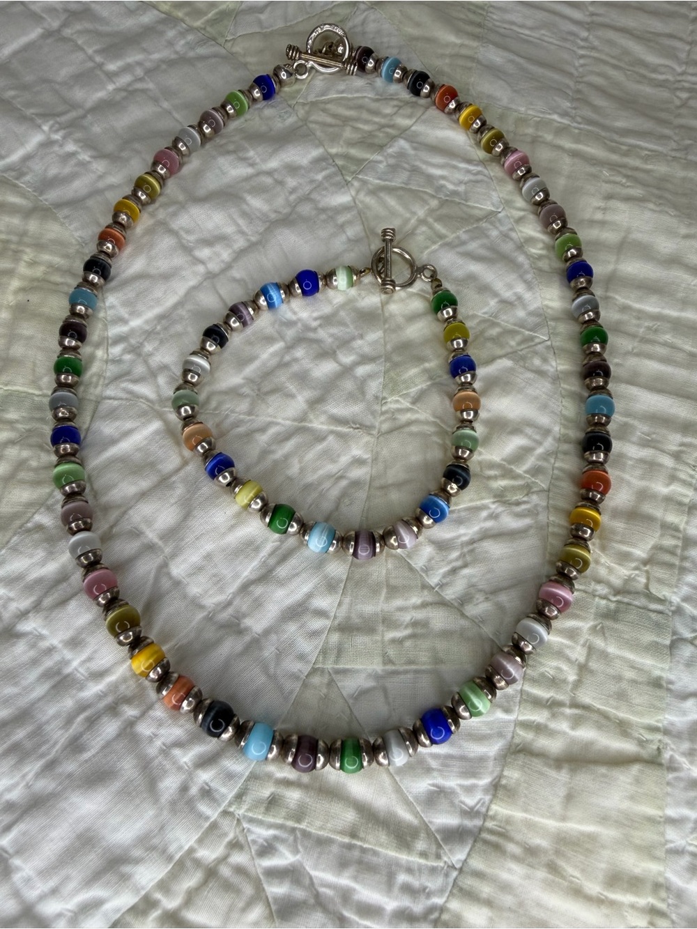 VTG Mexican Sterling Silver 925 Multicolor Glass  Beaded Necklace and Bracelet